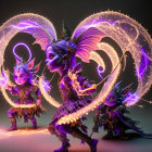 Ethereal beings with purple and golden plumage in fantasy artwork