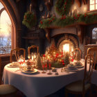 Christmas-themed dining room with decorated table, candles, small tree centerpiece, snowy view.