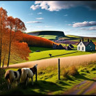 Vibrant autumn landscape with two black houses