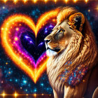 Majestic lion with galaxy heart on cosmic backdrop