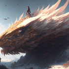 Gigantic dragon overlooking figure in barren landscape