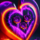 Metallic Heart Artwork with Purple Lightning and Roses