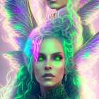 Ethereal women with colorful wings in soft purple glow