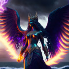 Colorful mythical winged fairy in neon-lit fantasy setting