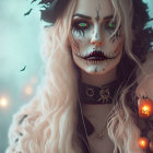 Skull makeup person in witch hat with bats and jack-o'-lantern in misty setting