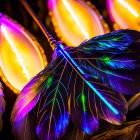 Vibrant neon-lit feathers on dark background with bokeh effect