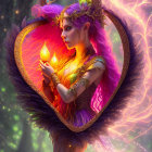 Mystical figure with ornate headdress holding glowing flame in heart-shaped frame amid luminous trees