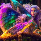 Colorful fairy with glowing wings in forest setting