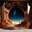 Intricate surreal archway under starry night sky and snowy landscape