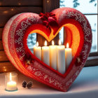 Heart-shaped decoration with red bow, candles, Christmas lights, faux snow, and window.