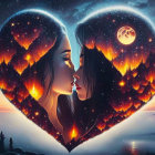 Dual profile faces in heart shape with cosmic background, aurora, mountains, and moon.