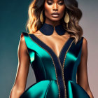 3D-rendered woman in turquoise dress with golden embroidery