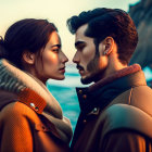 Man and woman gazing into each other's eyes on rocky beach at sunset