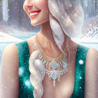 Smiling woman in winter hat with Christmas tree earrings among snowflakes and red baubles