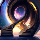 Golden staircase spiraling into starry night sky with celestial gate