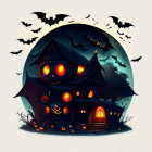 Spooky haunted house with glowing windows, bats, pumpkins, and foggy backdrop