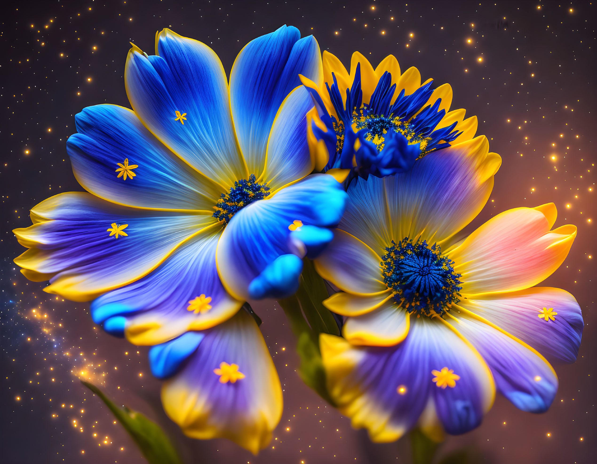 Blue and Yellow Flowers on Cosmic Starry Background