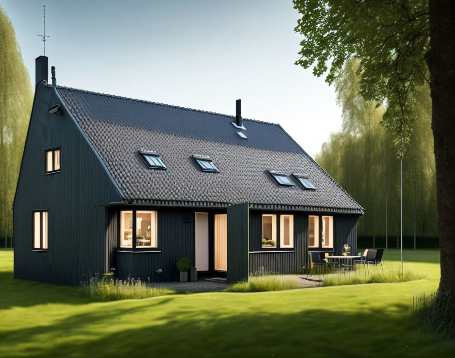 Two-story dark blue house with pitched roof in green surroundings