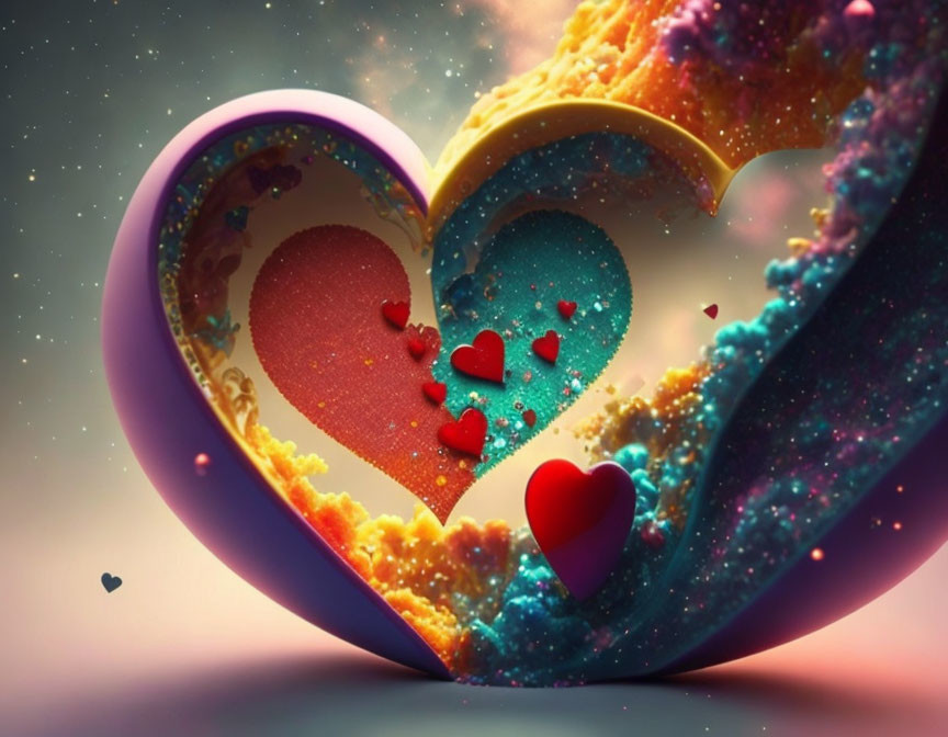 Colorful Heart-Shaped Object with Cosmos Design and Celestial Background