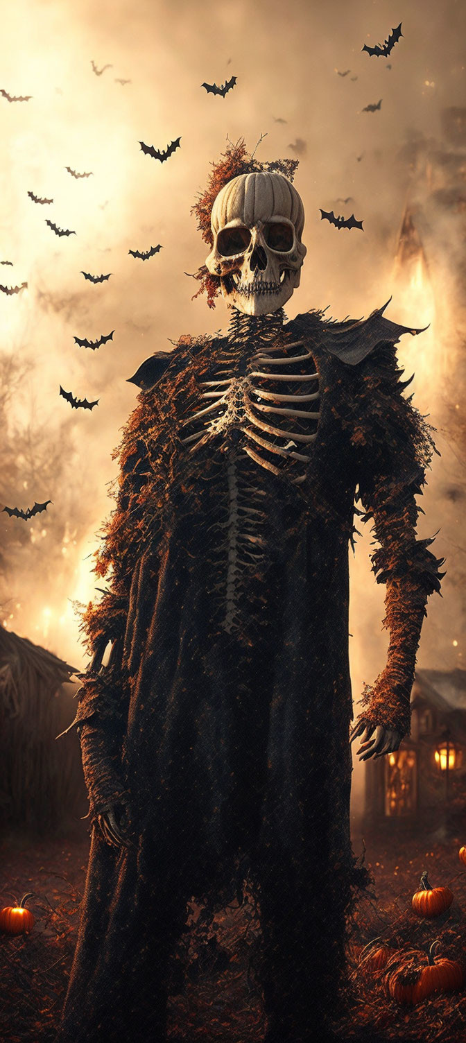 Spooky skeleton in tattered costume among bats, pumpkins, and village