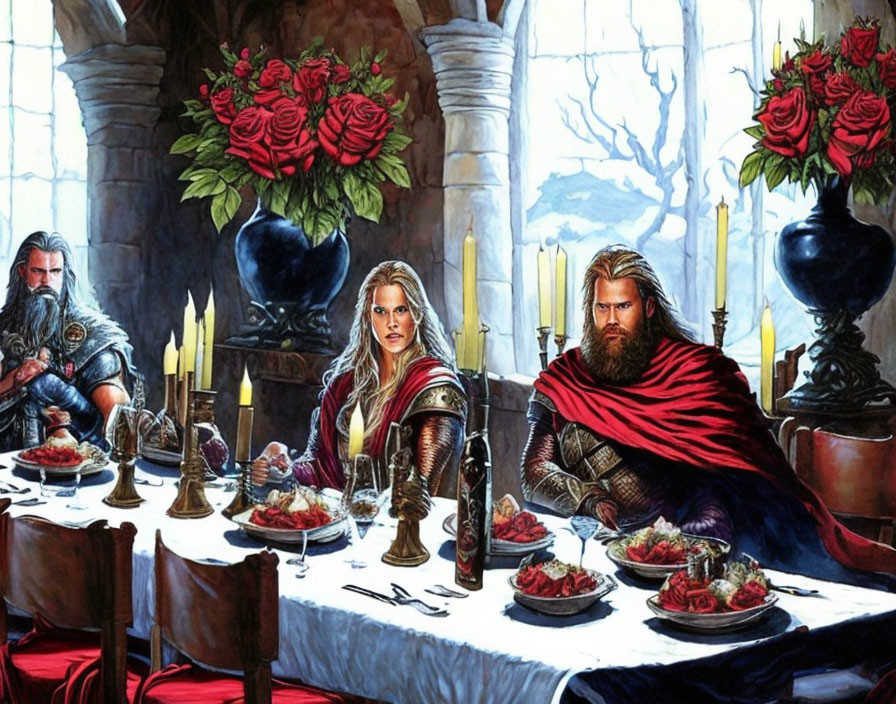 Medieval fantasy characters at banquet table in stone hall