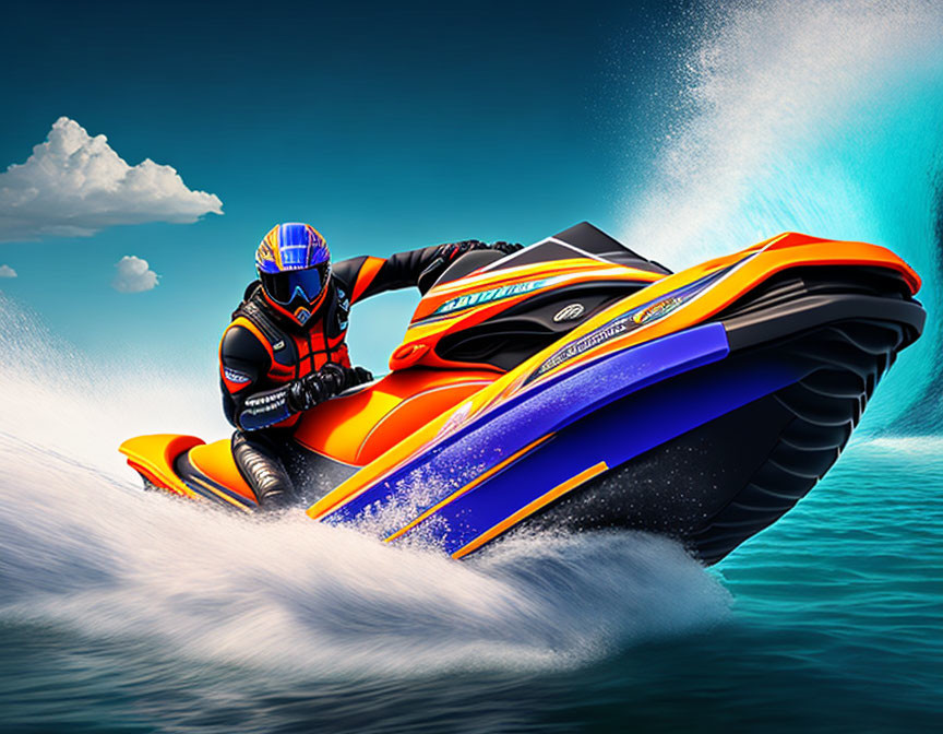 Vibrant yellow and blue jet ski with person in black and orange wetsuit on azure water