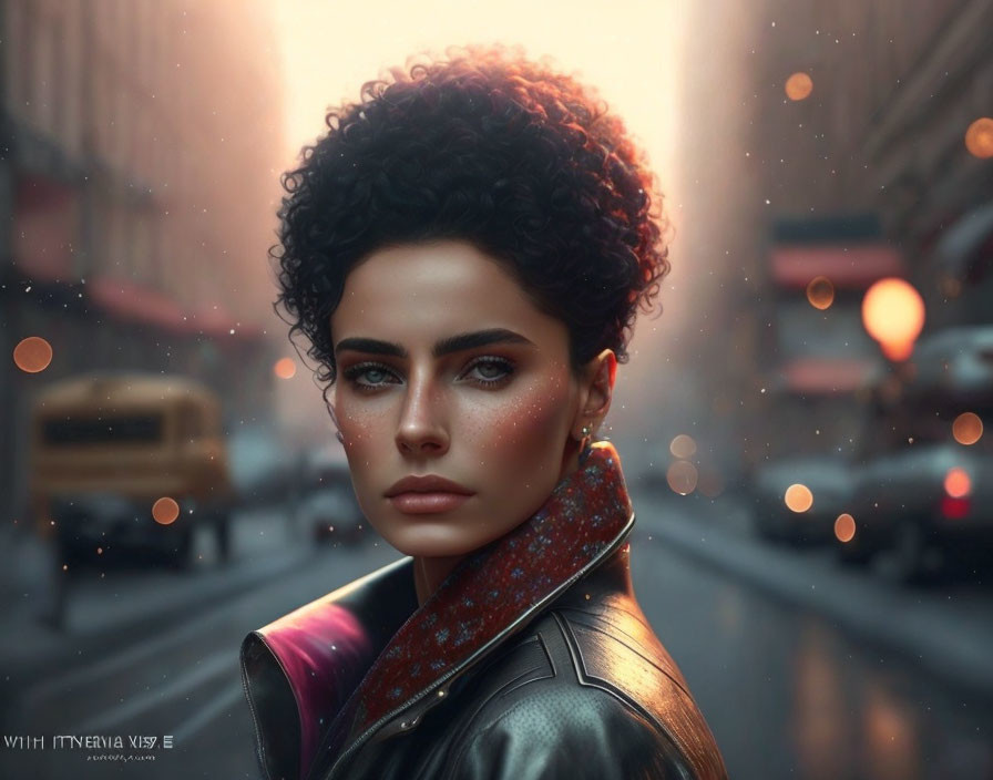 Digital portrait: Woman with short curly hair, intense eyes, glowing skin, in city street dusk setting