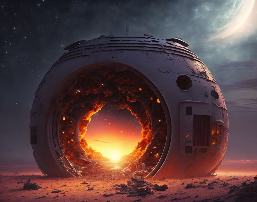 Futuristic spherical structure with fiery portal in desert twilight