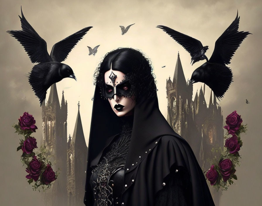 Woman in gothic attire with ravens, roses, and cathedral in background