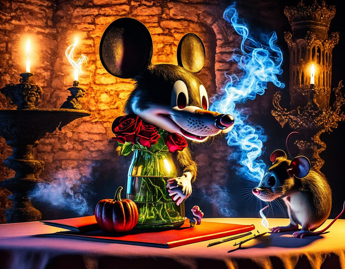 Illustration of two animated mice in magical scene with candles and pumpkin