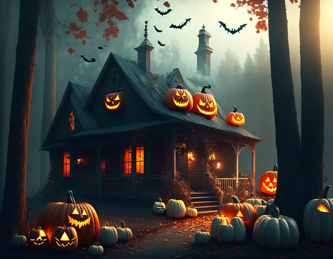 Eerie Halloween Scene with Jack-o'-lanterns, Bats, and Autumn Trees