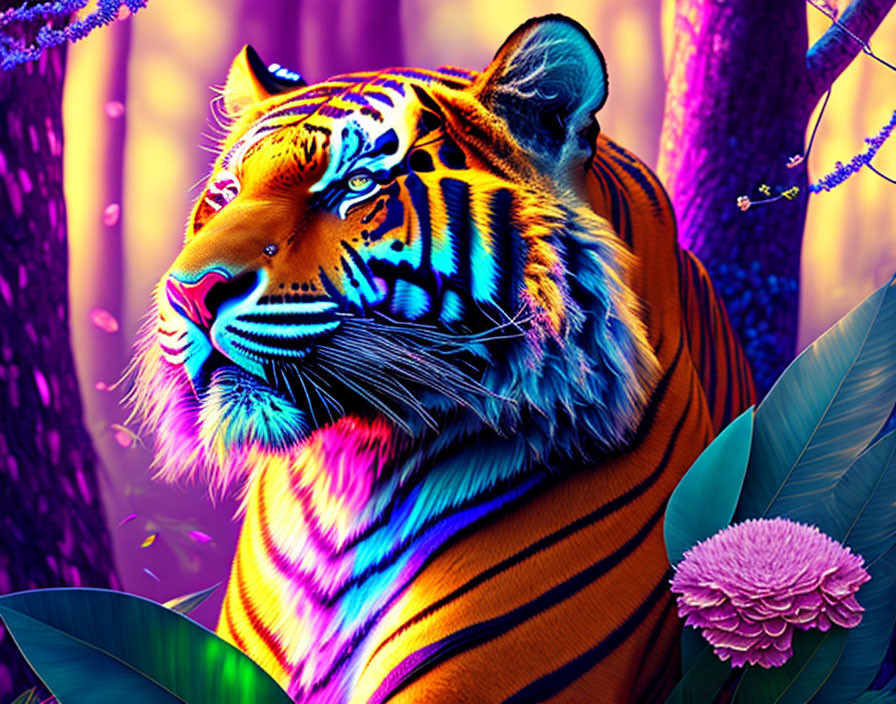 Colorful Tiger in Psychedelic Forest Scene