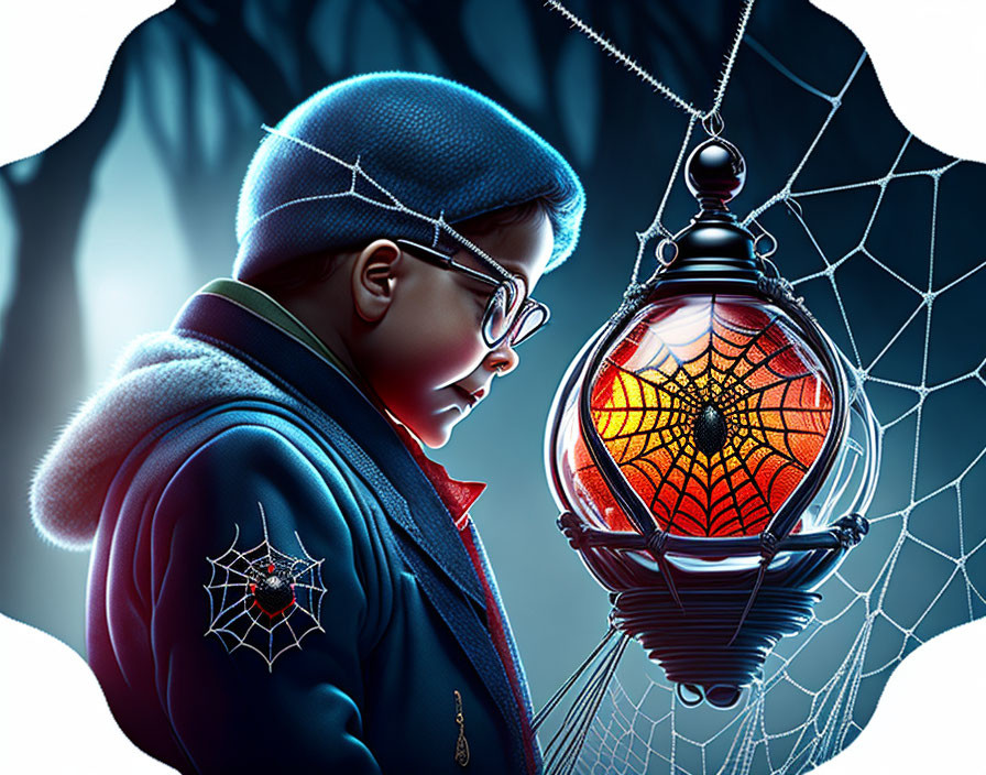 Young boy in glasses examines spider-patterned lantern amidst cobwebs