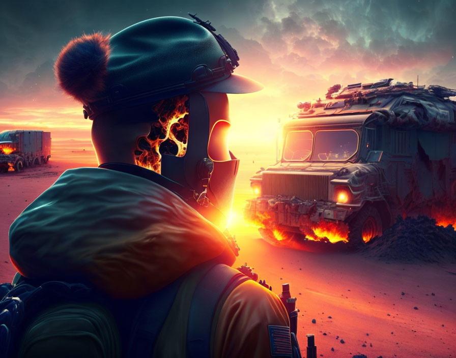 Skull-faced soldier in dystopian battlefield at sunset