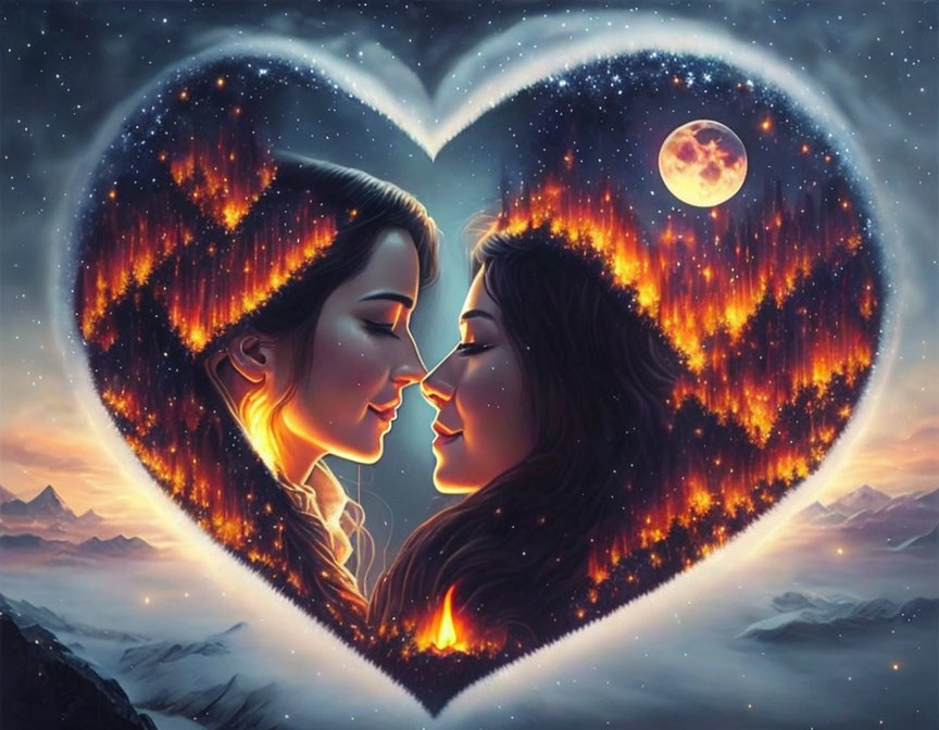 Dual profile faces in heart shape with cosmic background, aurora, mountains, and moon.