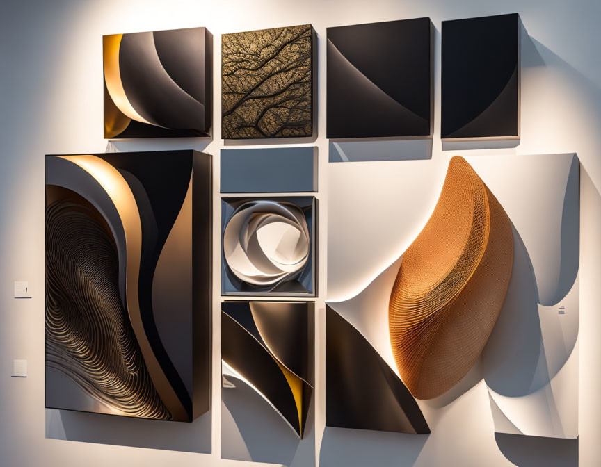 Abstract Black, White & Brown 3D Wall Art Collection Displayed in Gallery