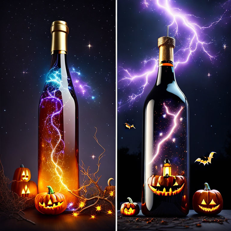 Galaxy-filled bottles with pumpkins in night sky