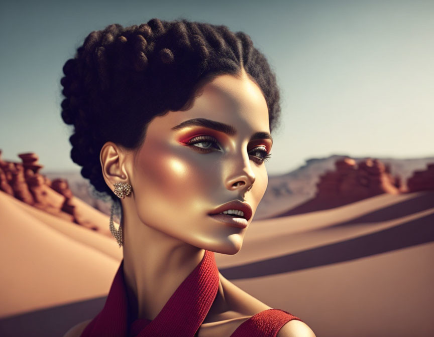 Woman with Golden Skin and Elaborate Makeup in Desert Portrait