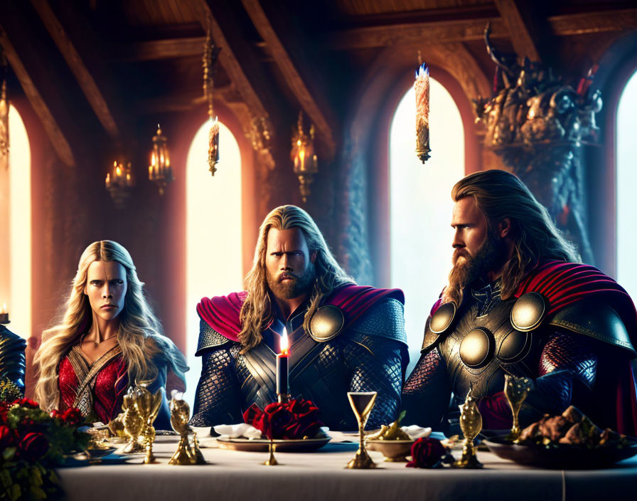 Three individuals in elaborate costumes at grand table in regal room.
