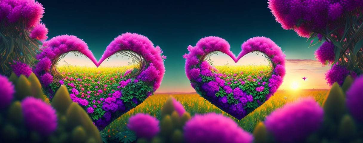 Symmetrical heart-shaped topiaries with purple foliage in vibrant floral field at sunset