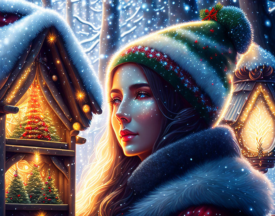 Winter-themed digital painting with woman, lanterns, trees, and snowflakes