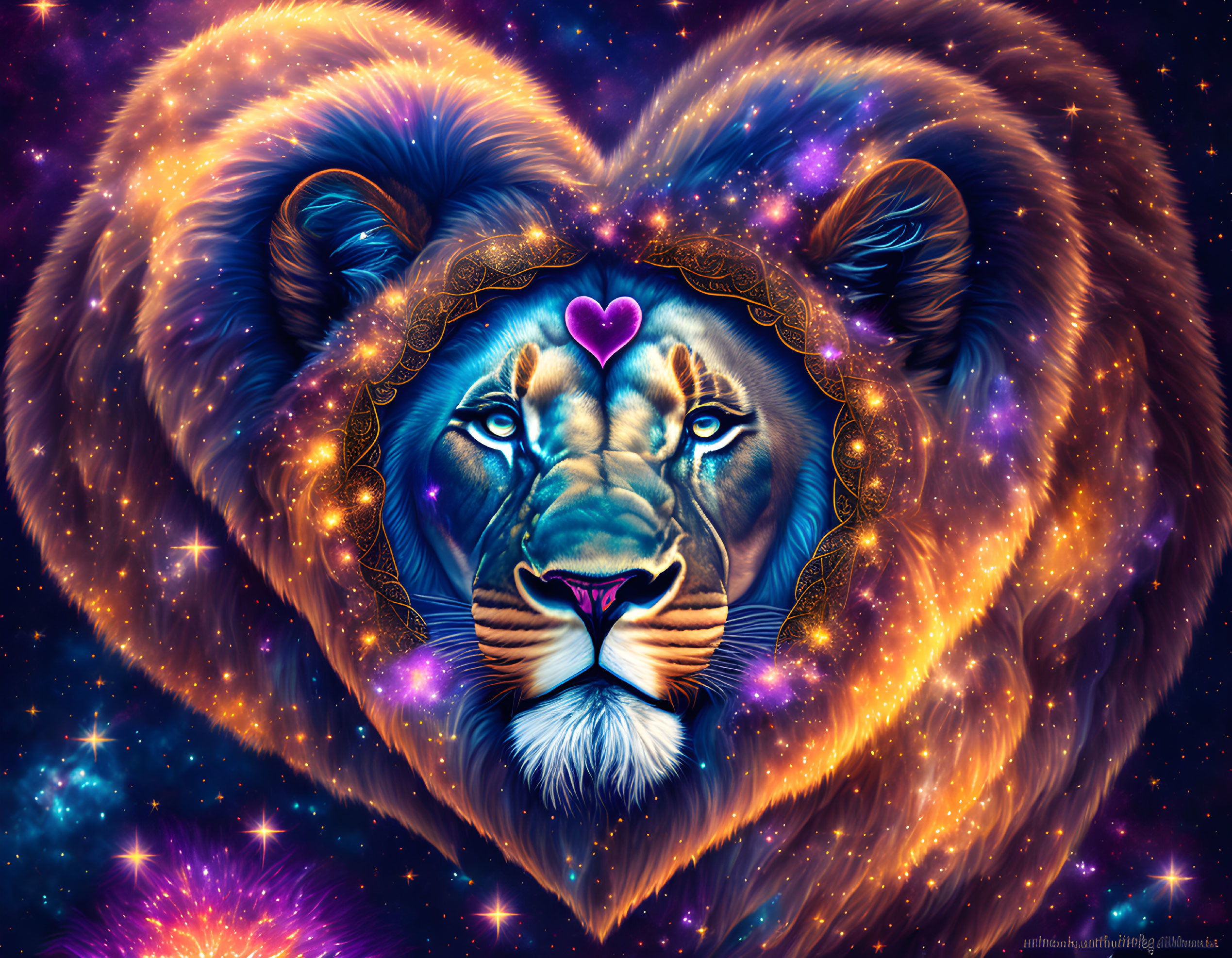 Digital art of lion's face in heart-shaped cosmic mane with stars and nebulas