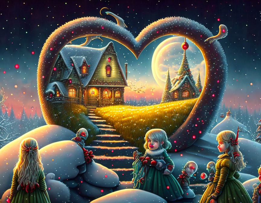 Winter scene with girls, heart-shaped tree arch, cozy cottages under starry sky.