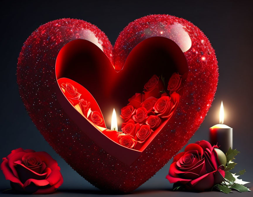 Sparkling red heart with roses and candles on dark background