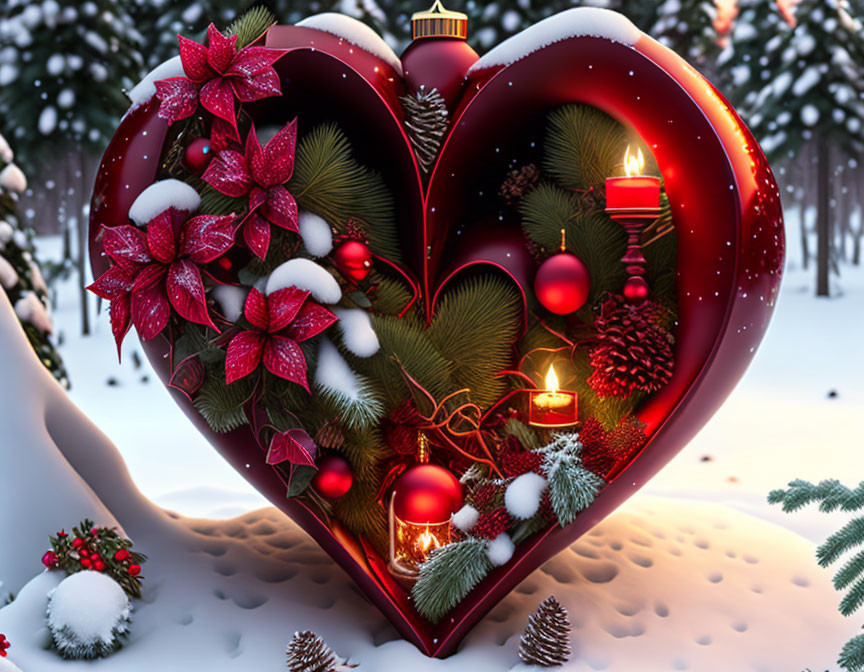 Heart-shaped Christmas ornament with festive decorations in snowy scene