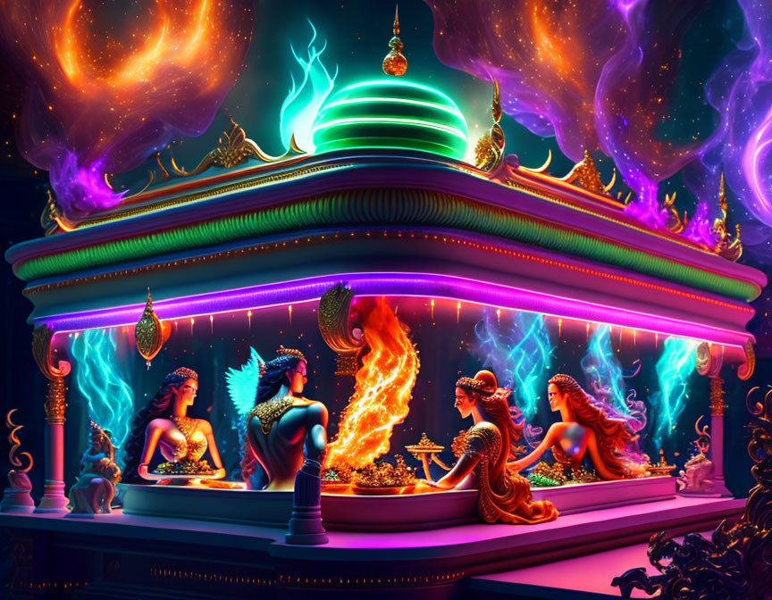 Colorful mystical carousel with cosmic patterns and fantastical horses.