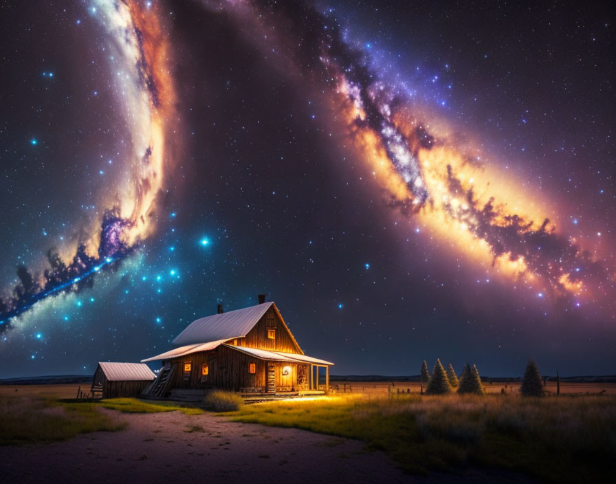 Cozy cabin under starry sky with glowing windows