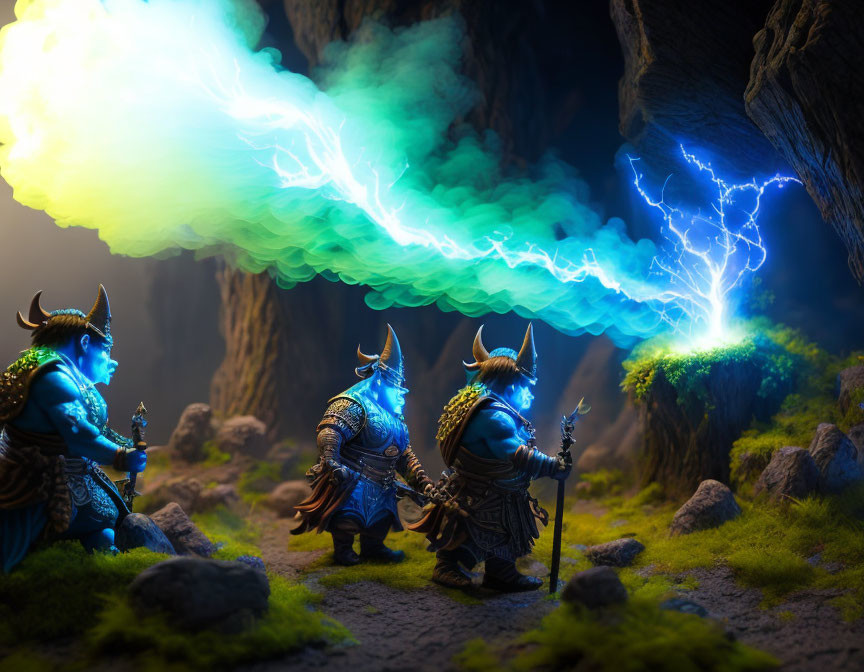 Three blue horned creatures in armor casting magic in a cave