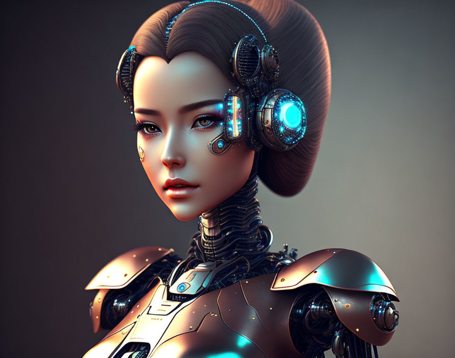 Detailed 3D illustration of female android with cybernetic features