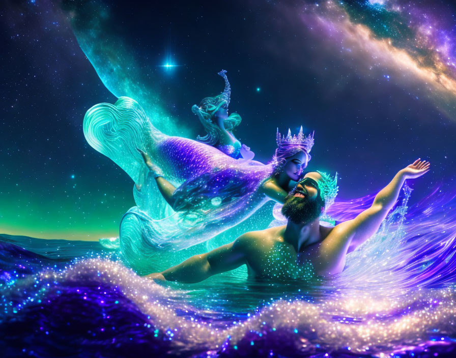 Bearded King and Mermaid in Mythical Cosmic Scene